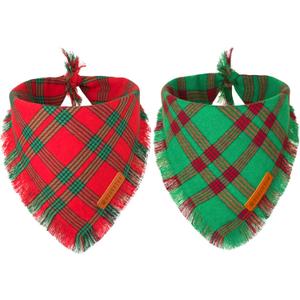 ADOGGYGO Christmas Dog Bandanas with Tassels, Red Green Plaid Pet Xmas Scarf Bib, Multiple Sizes, Christmas Bandana for Medium Large Dogs Pets (Large)