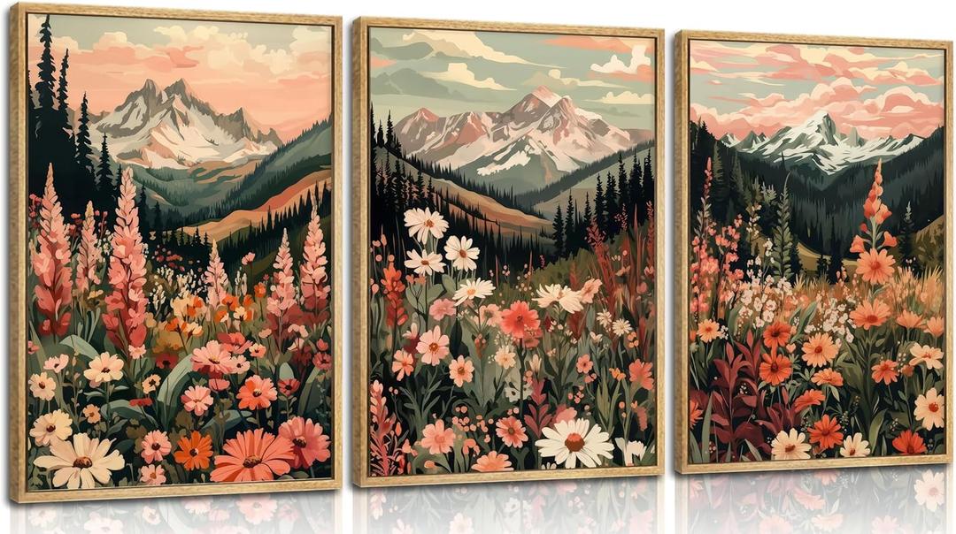 3 x 3pcs Boho Daisy Wall Art Wildflower Forest Scenery Posters Print Mountains Wall Decor Romantic Floral Pictures Minimalist Botanical Flower Canvas Painting Farmhouse Living Room Bedroom Unframed