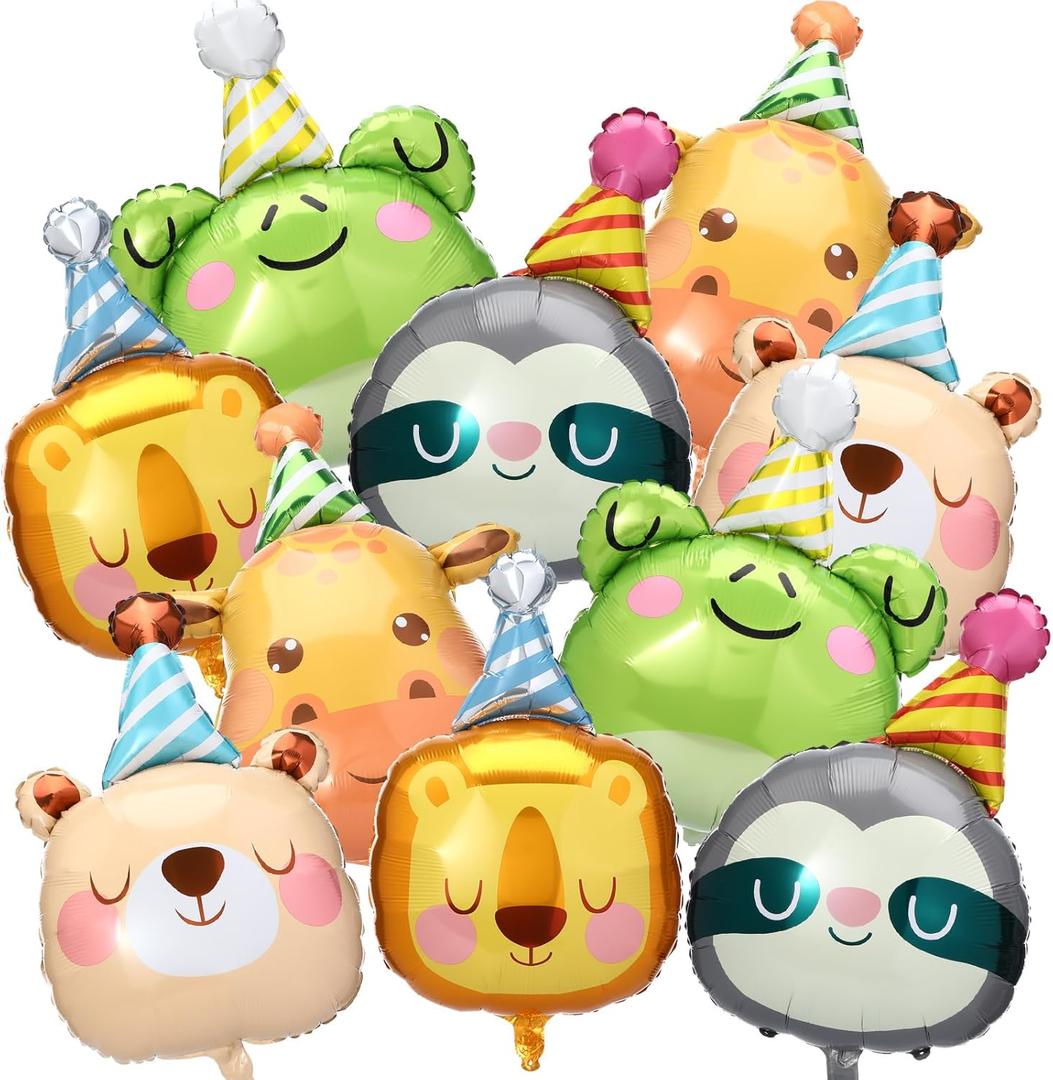 Civaner 10 Pcs Jungle Safari Animal Foil Balloons Animal Birthday Party Decor Bear Giraffe Lion Frog Sloth Aluminum Foil Balloons for Woodland Baby Shower Wedding Gender Reveal Party Supplies
