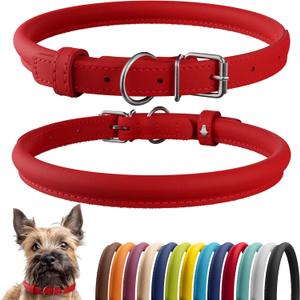 CollarDirect Rolled Leather Dog Collar, Soft Padded Round Puppy Collar, Handmade Genuine Leather Collar Dog Small Large Cat Collars 13 Colors (11-14 Inch, Red Smooth) (M: 11-14 in)