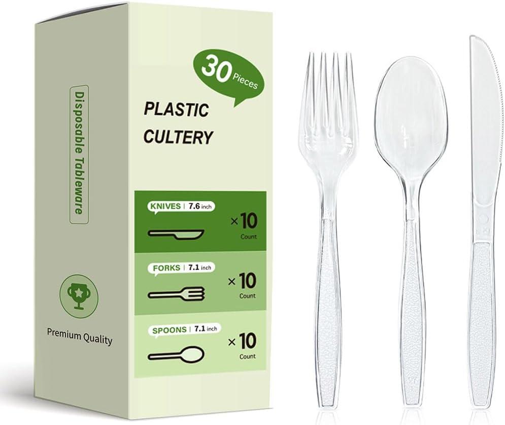 2 x Plastic Silverware Set, 30-Piece Disposable Plastic Utensils for Parties, Clear Cutlery, Plasticware Forks, Spoons, Knives