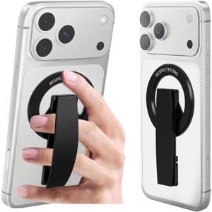 RESPECTED-BRO-Magnetic-Phone-Grip-Stand, Magnetic Phone Ring Holder Kickstand with Silicone Finger Strap, Compatibility for iPhone 17/16/15/14/13/12, Android, and More (Black)