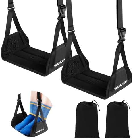 Airplane Foot Hammock, No Collapse Foot Rest for Plane Travel with Extended Adjustment Strap, Portable Desk Foot Hammock with Thickened Foam, Foot Sling Travel Essentials to Relax Your Feet(Black 2PC)
