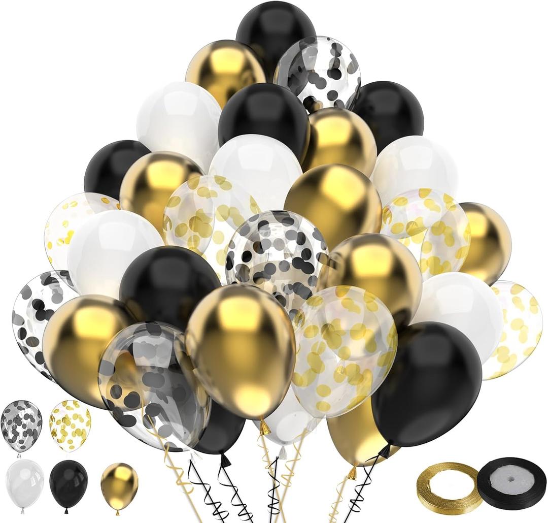 Black Gold White Confetti Balloon Set,100pcs 12 Inch Metallic Gold and Black White Glitter Confetti Balloon for Wedding, Birthday, Graduation Party Decorations,Happy New Year Decorations