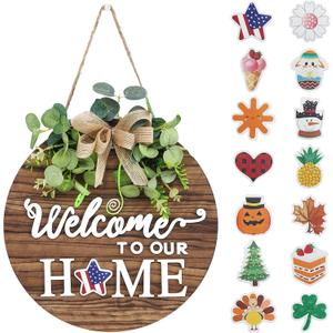 Interchangeable Seasonal Welcome Sign Front Door Decoration, Rustic Round Wood Wreaths Wall Hanging Outdoor, Farmhouse, Porch, for Spring Summer Fall All Seasons Holiday Halloween Christmas. (12 Inch, 01blown)