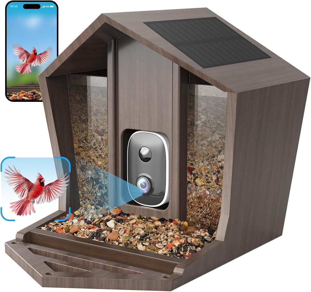 Smart Bird Feeder with Camera Solar Powered, 2.5K HD Free AI Identifies 12000+ Birds, Auto Motion Detection, Waterproof Wooden Video Bird Feeder Camera Live, Good Gift (WiFi)