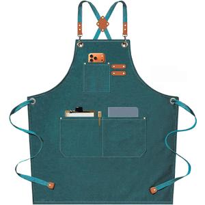 AFUN Chef Aprons for Men Women with Oversized Pockets, 16-Ounce Cotton Canvas Cross Back Heavy Duty Work Apron (Dark Green)