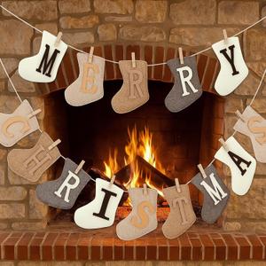 Merry Christmas Burlap Banner, 8.5 ft Sock Shaped Christmas Decoration, Rustic Banner Garland Bunting with Clips for Mantle Fireplace Xmas Party Holiday Indoor Outdoor Hanging Decorations