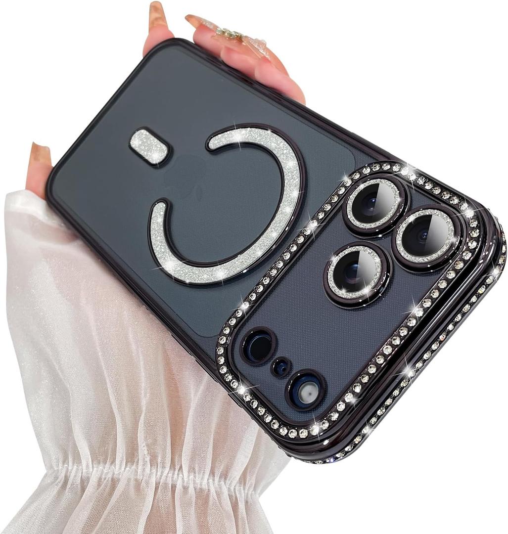 SAKUULO Magnetic Case for iPhone 17 Pro Max 6.9inch Clear Plating,Black | Compatible with MagSafe,Glitter Sparkly Diamonds Rhinestone with Camera Protector Slim Shockproof Protective Women Girls
