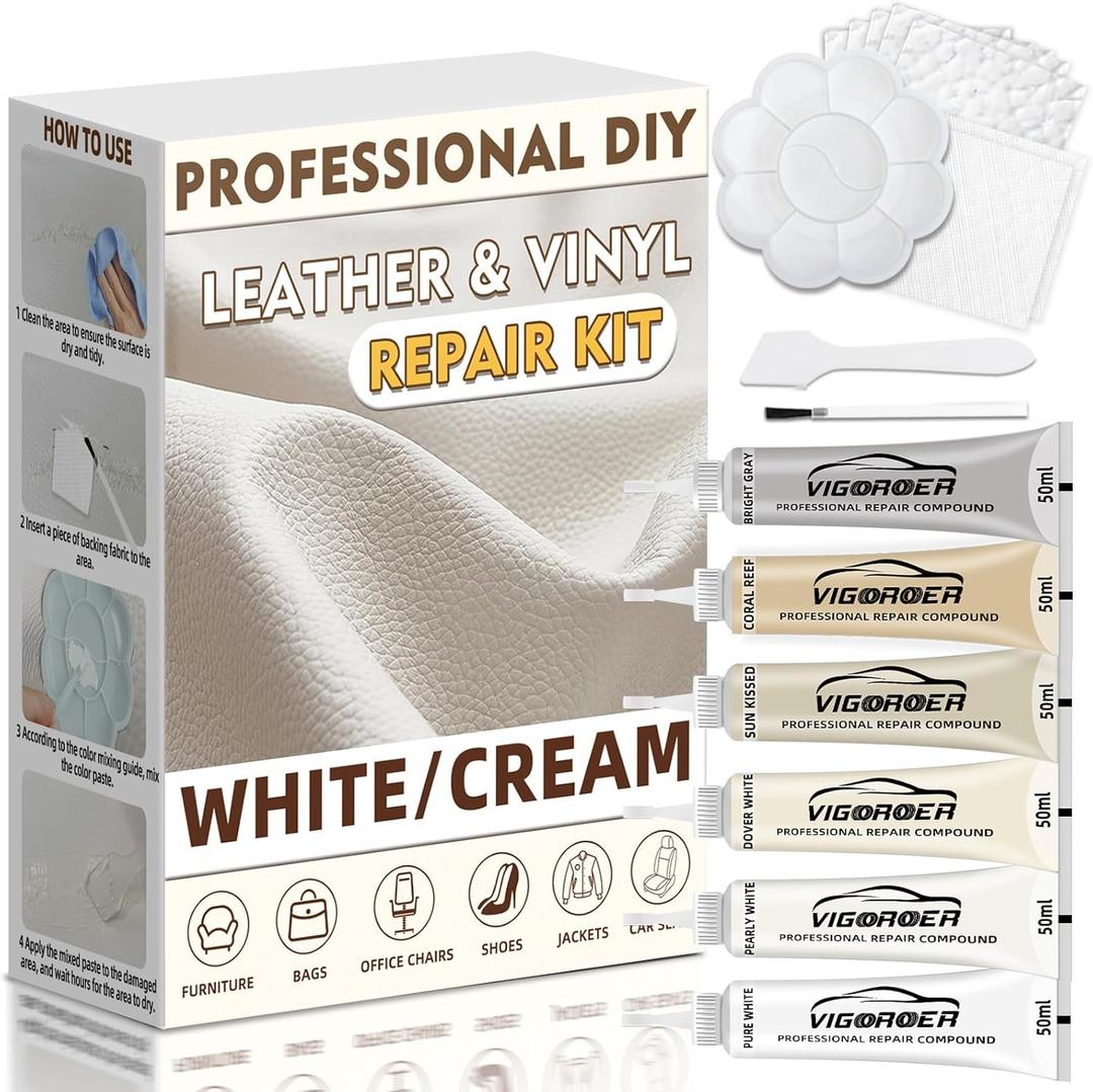 Vigorder Cream Leather Repair Kit for Furniture, Vinyl Repair Kit for Car Interior, Sofa, Purse and Jacket, Restore Any Material with Super Easy Instructions to Fix Scratches, Tears, Holes, Peeling