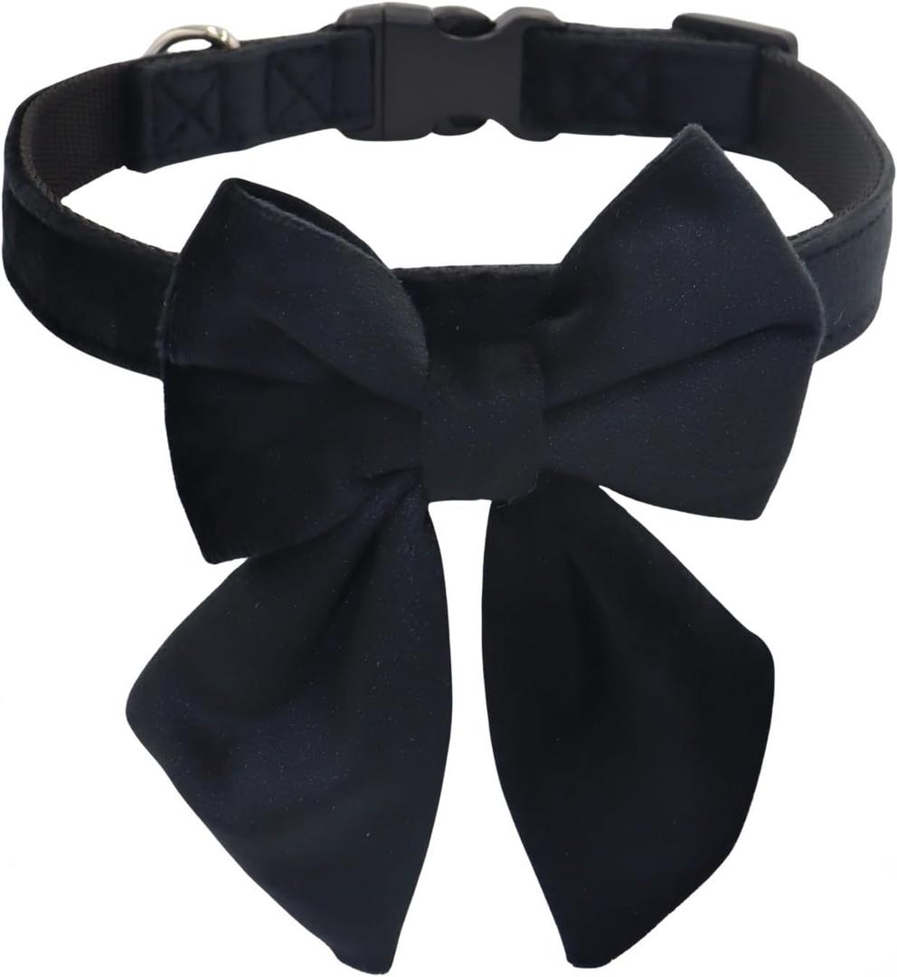 THAIN Velvet Dog Collar with Style Bow Tie, Quick Release Plastic Buckle Adjustable Dog Collars for Small Medium Large Dogs Pets (L, Velvet Black)