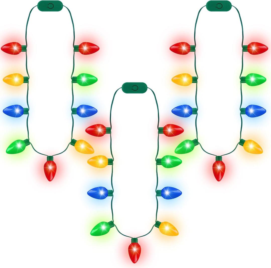 Blowata Christmas Light Necklace, 3PCS Christmas Necklace with 3 Flash Modes, Colorful Xmas Light up Decorations for Christmas Necklaces Party Favors Festival Party Supplies Ugly Sweater Decor