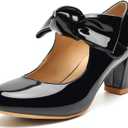 Womens Mary Jane Pumps - 2 Inch Mid Chunky Block Heels with Bow, Round Toe Patent Leather Ankle Strap Dress Shoes for Wedding, Office, Cosplay, Size 9