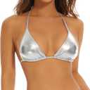 Halter Metallic Crop Top Shiny Triangle Bralette Rave Bra Swimsuit Top, Color: Silver,  L
