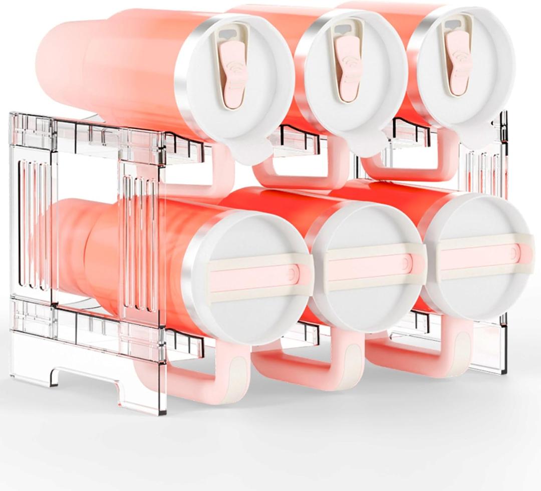 Yieach Large Stanley Cup Holder With Handle Groove, Stackable Tumbler and Water Bottle Organizer for Kitchen Cabinets,2 Tier Water bottle and Cup Storage Organizer for 40 OZ Yeti, Owala, Yeti Storage