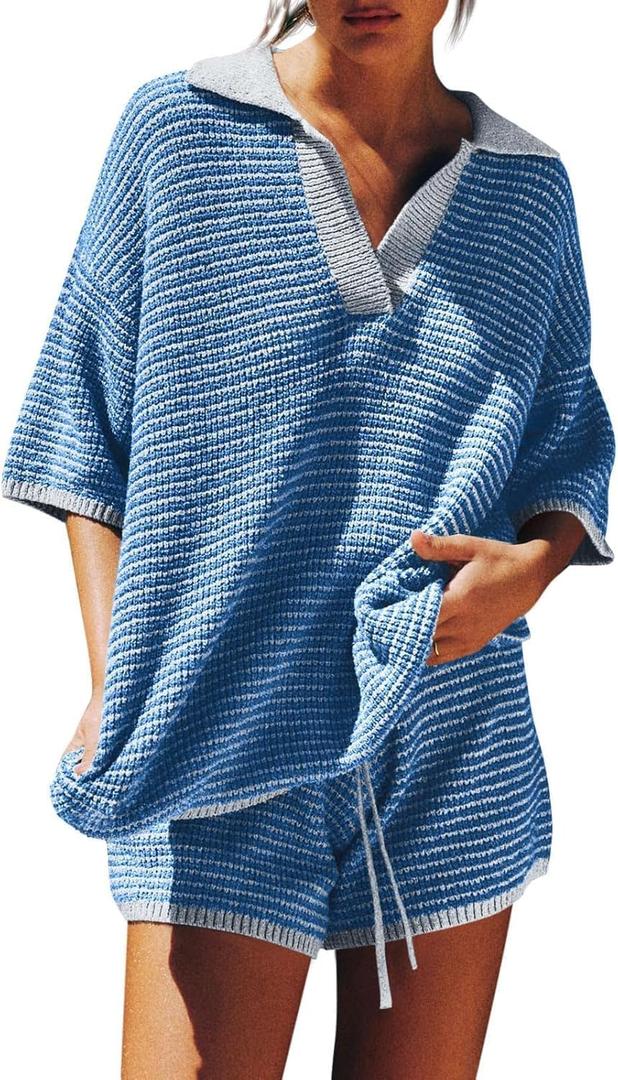 Tankaneo Womens Sweater Set 2 Piece Outfits Oversized 3/4 Sleeve V Neck Knit Tops High Waisted Shorts Lounge Sets (Large, Blue)