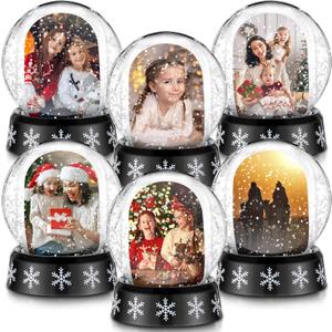 Christmas Photo Snow Globe with Base Snow Globe Photo Frame Clear Plastic Snow Water Globe Picture Frame Christmas Crafts Double Sided Display for Xmas Home Decoration Gift(6 Pcs)