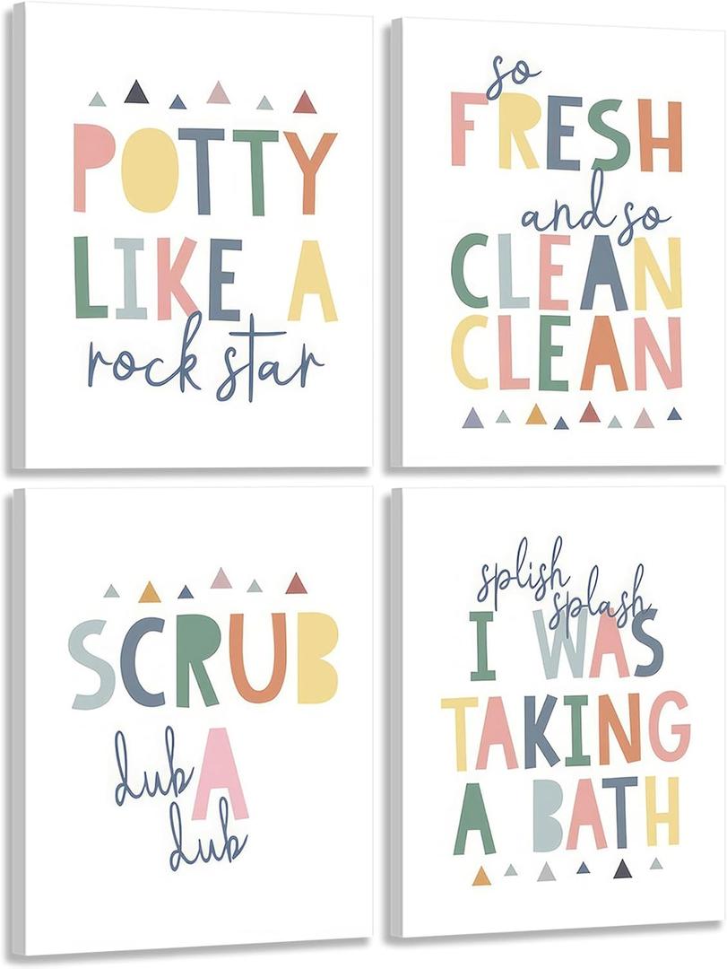 4 Pcs Funny Kids Bathroom Rules Canvas Wall Art Colorful Toilet Word Poster Prints for Home Kid Washroom Pictures Restroom Nursery Toilet Laundry Wall Decor 12x16in Framed