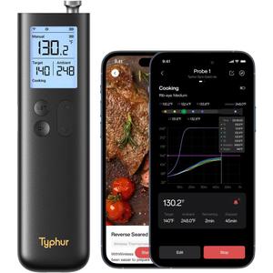 Typhur Sync Gold Wireless Meat Thermometer, Enhanced 10X Sub-1G Signal and Stability, WiFi Unlimited Range, 6 Sensors, Bluetooth Meat Thermometer for BBQ, Oven, Smoker, Grill, Air Fryer, Gen2 (Black)