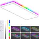 MOONSEA 23 Inch RGB LED Flat Panel Ceiling Light Fixture with Remote Control 32W + 7W, 3200LM, Dimmable Color Changing, Rectangle Surface Mount Ceiling Lamp for Living Room, Kids Room, Party, White, RGB + Rotating Color - Remote