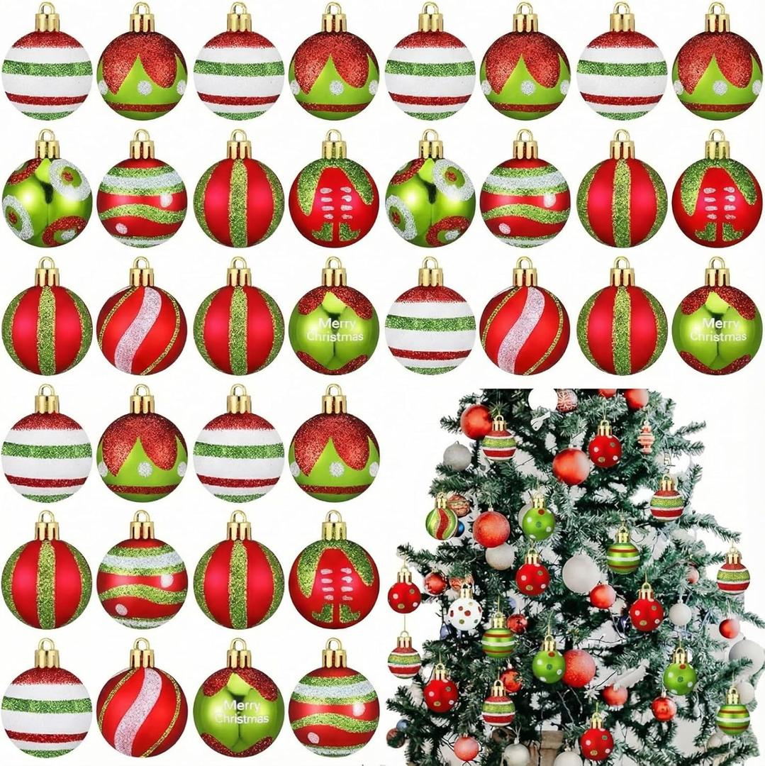 BBTO 40 Pcs Lime Green Mini Christmas Ball Ornaments 1.18inch Red and Green Christmas Ornaments Hanging Shatterproof Glitter Ball Decorations for Xmas Tree Wreath Garland Home Indoor Party Decor