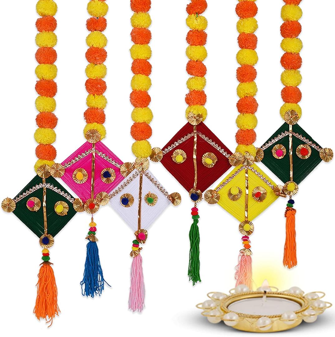 Marigold Garland for Decoration 5 Pcs Artificial Marigold Flowers with Bell, Indian Dcor for Pooja, Diwali, Rangoli, Wedding, Christmas (Kite)