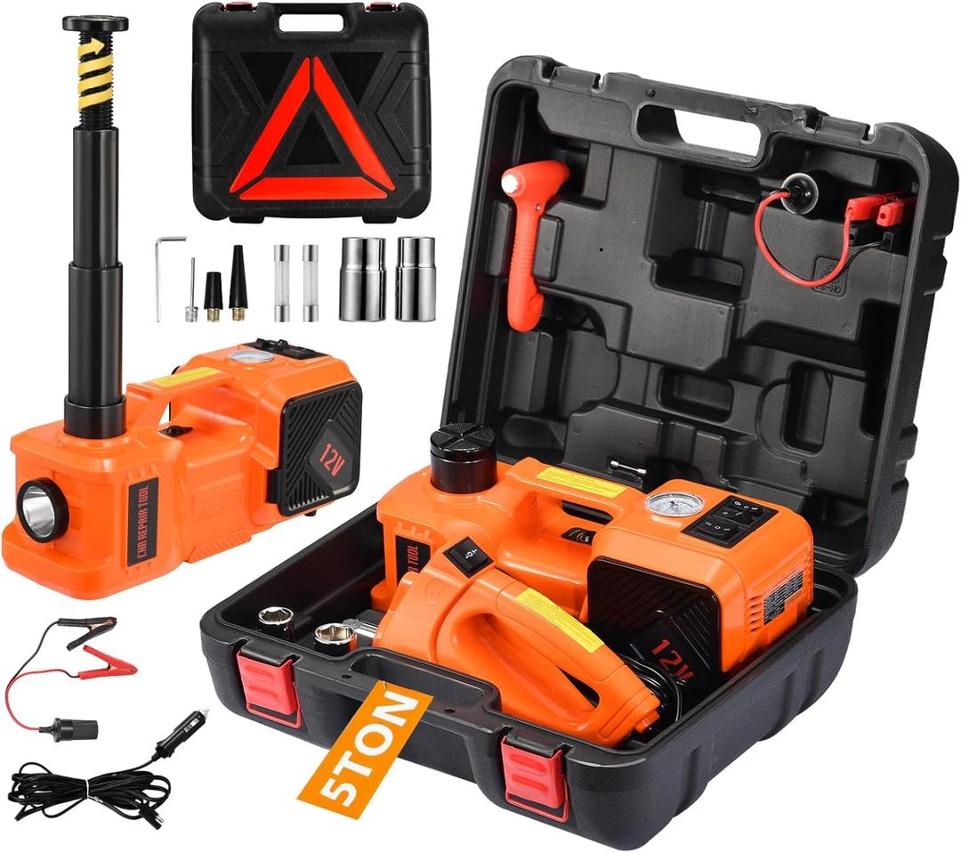 Electric Car Jack Kit 5 Ton 12V Floor Jack Portable Hydraulic Car Jack with Impact Wrench and Tire Inflator Pump for SUV Sedans Tire Change with LED Light, Lifting Height 6 to 17.7 Inch (Orange)