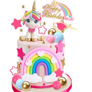 29 PCS Unicorn Cake Topper, Unicorn Rainbow Cake Decorations with Rainbow Stars Unicorn Balls Happy Birthday Cake Decorations for Boys Girls Kids Birthday Party Baby Shower Supplies (Star)