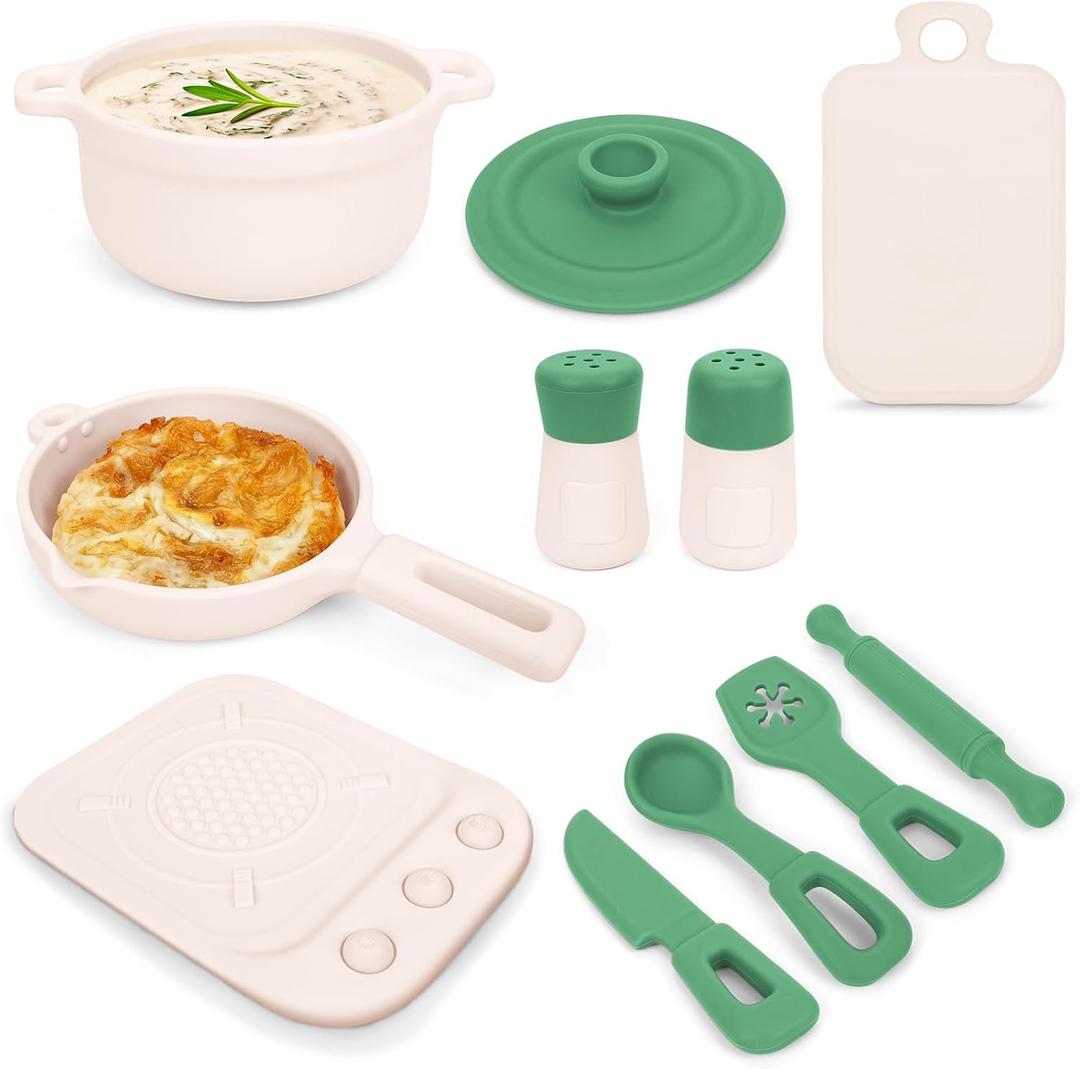 TYRY.HU Play Kitchen Accessories, 11Pcs BPA Free Silicone Pretend Play Food Sets,Play Kitchen Set,Play Kitchen Cooking Utensils Pots & Pans,Pretend Role Play Cooking Toys Gifts for Toddlers 1-3,Green