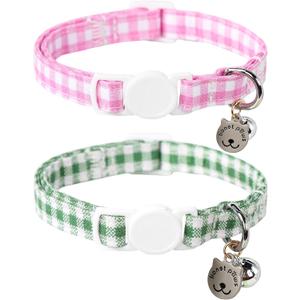 Lionet Paws 2pcs Pack Cotton Cat Collar,Breakaway Buckle with Green and Brand Pendant Cute Adjustable Cat Kitten Collar,Ideal for Girl Cats Boy Cats