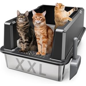 XXL Stainless Steel Cat Litter Box with High Sided, 27.6" L x 20" W x 14" H Extra Large Litter Box for Big Cats and Multiple Cats, Enclosure Cat Litter Pan with Anti-Urine Leakage, Easy Clean (Black)