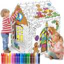 ArtCreativity Gingerbread House Craft Kit for Kids with 24 Butter Crayons - Black and White Gingerbread Cardboard Playhouse to be Colored - Mess-Free Coloring Fun Kids Christmas Activities Ages 3-9