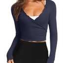 LASLULU Womens Tie Front Pilates Wrap Top Long Sleeve Workout Tops Bolero Shrugs Crop Cardigan Yoga Ballet Cover up Tops Pilates Outfits (Navy Blue, X-Large)