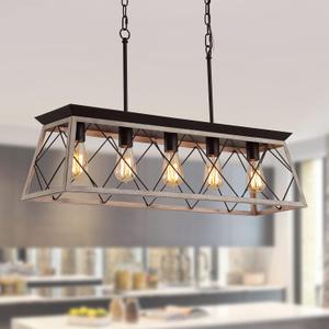 Q&S Dining Room Chandelier Light Fixtures,Farmhouse Rustic Vintage Antique Linear Chandeliers Pendant Ceiling Light Fixture for Kitchen Island Bar Office Coffee Shop 5-Lights Oak and ORB UL Listed