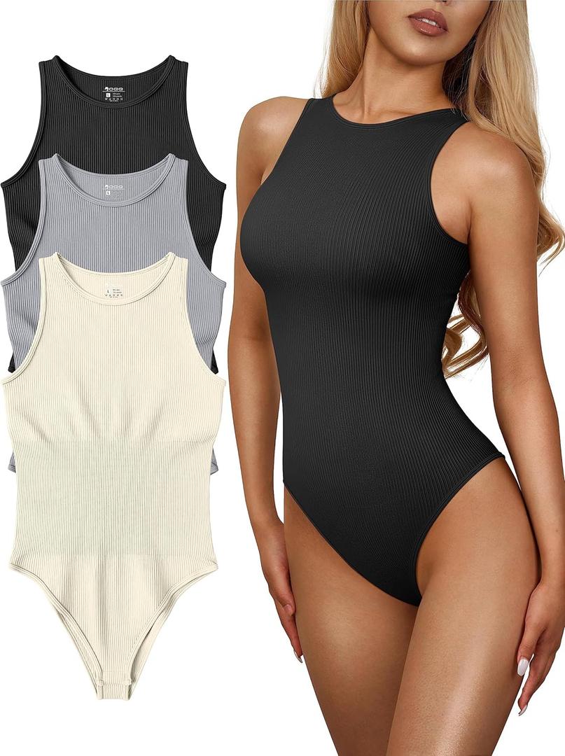 OQQ Women's 3 Piece Bodysuits Sexy Ribbed One Piece Sleeveless Halter Neck Tops Leotard Summer Trendy, S