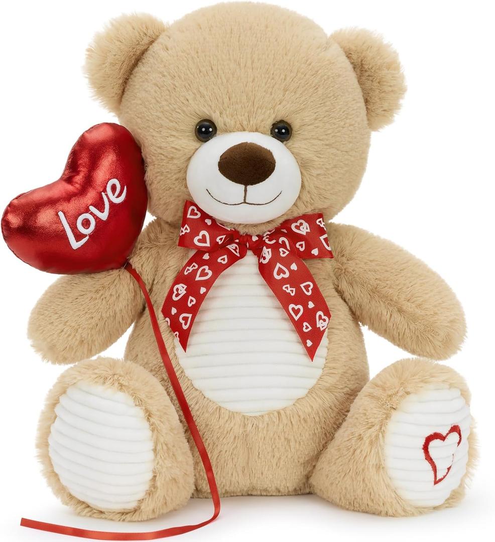15" Valentine's Day Teddy Bear - Cuddly Teddy Bear Stuffed Animal with Balloon & Love Embroidery, Perfect Couples' Gift