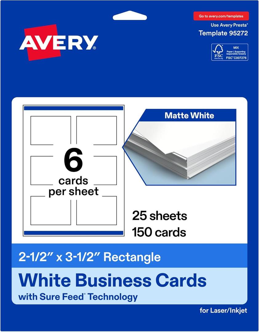 Avery Printable Rectangle Cards, Sure Feed Technology, 2.5" x 3.5", Matte White Cardstock, Print-to-the-Edge, Laser/Inkjet Cards, 150 Total
