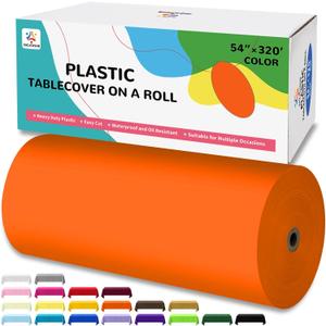 54IN X 320FT Plastic Table Cover Roll with Cutter Box, Cut to Size Plastic Table Cloths for Parties, Birthday, Disposable Tablecloth Roll for All Shape Tables (Orange, 54 Inch X 320 Feet)