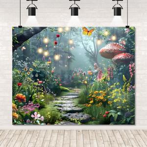 Enchanted Forest Backdrop 10x8ft Fantasy Wonderland Flower Mushroom Background Forest Jungle Photography Backdrop Room Wall Decoration Baby Shower Birthday Party Banner Decorations