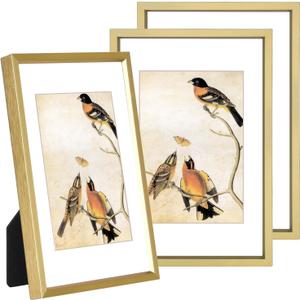 3.5x5 Picture Frame Set of 3, Brass Metal Photo Frames with HD Glass, Fits 2.5x3.5 with Mat or 3.5x5 without Mat, Wall Hanging and Table Display