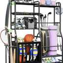 Garage Sports Equipment Organizer, Golf Bag Storage Rack, Heavy Duty Ball Holder with Basket & Hooks, Indoor/Outdoor Basketball Storage Bins for Toy Sports Gear Storage