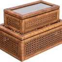 Creative Co-Op Modern Decorative Rectangle Woven Rattan and Wood Display Boxes with Glass Top, Set of 2 Sizes, Dark Brown Finish, Rectangular