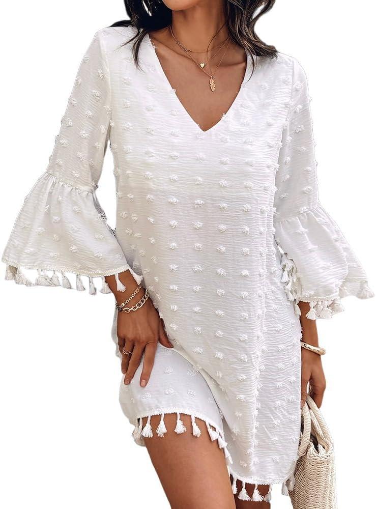 CHICME Women's Summer Dress Swiss Dot V Neck Bell Sleeve Shift Dress Casual Flowy Mini Dresses (White, S)