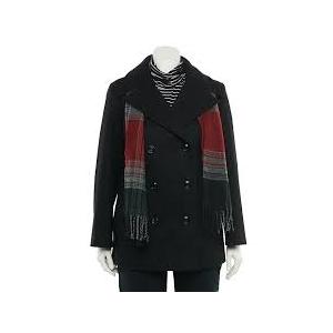 London Fog Black Wool Blend Pea Coat with Red and Gray Scarf Size Large
