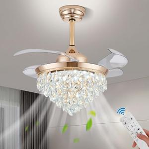 36" Modern Crystal Chandelier Ceiling Fan with Lights and Remote Dimmable LED Invisible Fandelier with Memory Function Flush Mount Crystal Fandeliers for Dining Room Bedroom, Gold