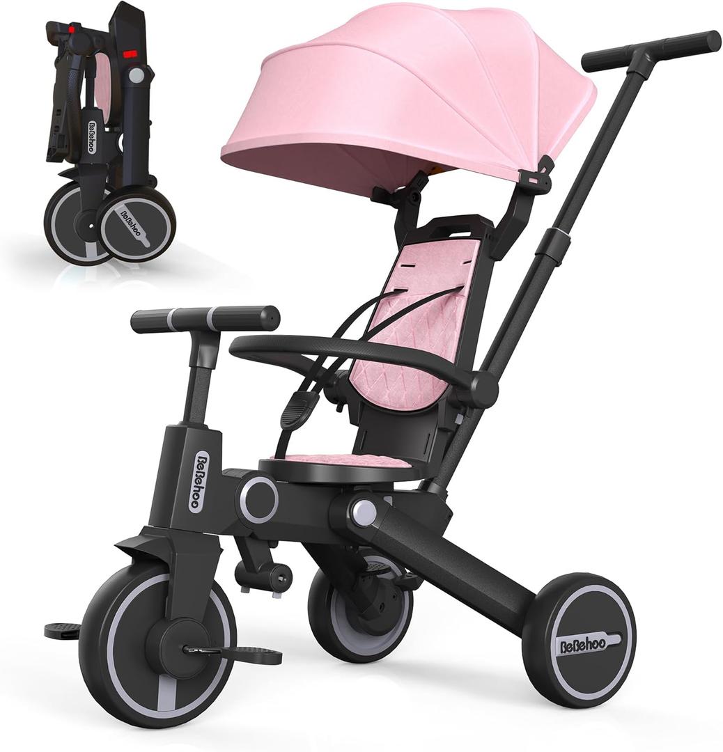 Tricycle Stroller for Toddler,Foldable Baby Tricycle,Kids Balance Bike with Push Handle,Toddlers Stroller Bike with 1 to 5 Years,7-in-1 Push Tricycle Bike for Kids (Pink)