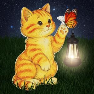 WILLBOND Cat Garden Decor Summer Outdoor Solar Lights Decor, Metal Orange Cat Garden Stake with Butterfly, Outside Stake Signs Gifts for Mom Yard Lawn Patio Unique Gift Ideas