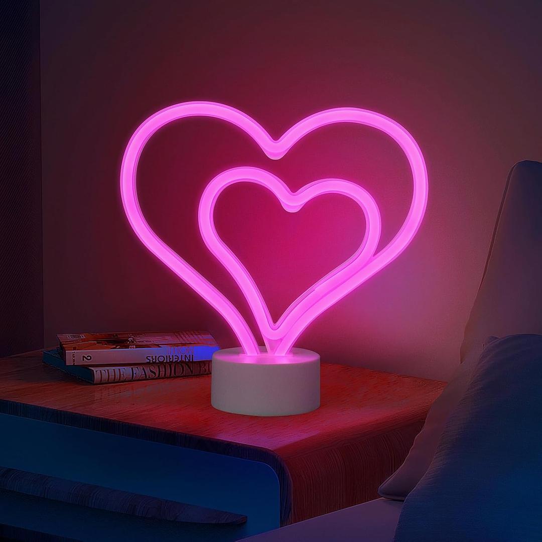 Valentines Day Decorations for Party - Heart Decor Neon Sign,Lights Up Sign for Bedroom,Table,Home Room,Battery Powered Led Lamp Decor Gifts for Women and Teen Girls,Wedding Anniversary Romantic Night