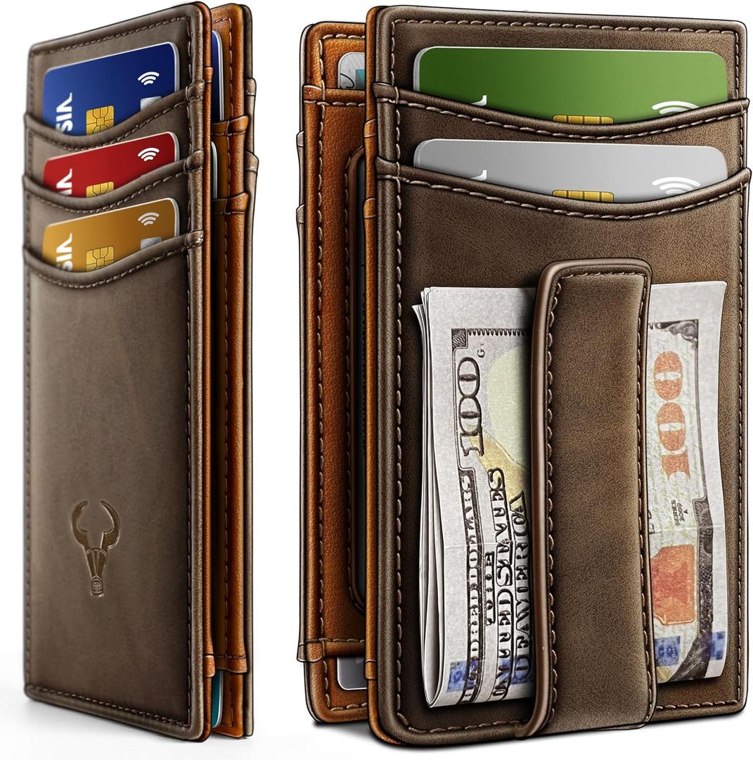 BULLIANT Magnetic Closure Slim Wallet-Genuine Leather Front Pocket Wallet for Men,RFID Blocking,Holds 12 Cards and Money Clip (Coffee7740)