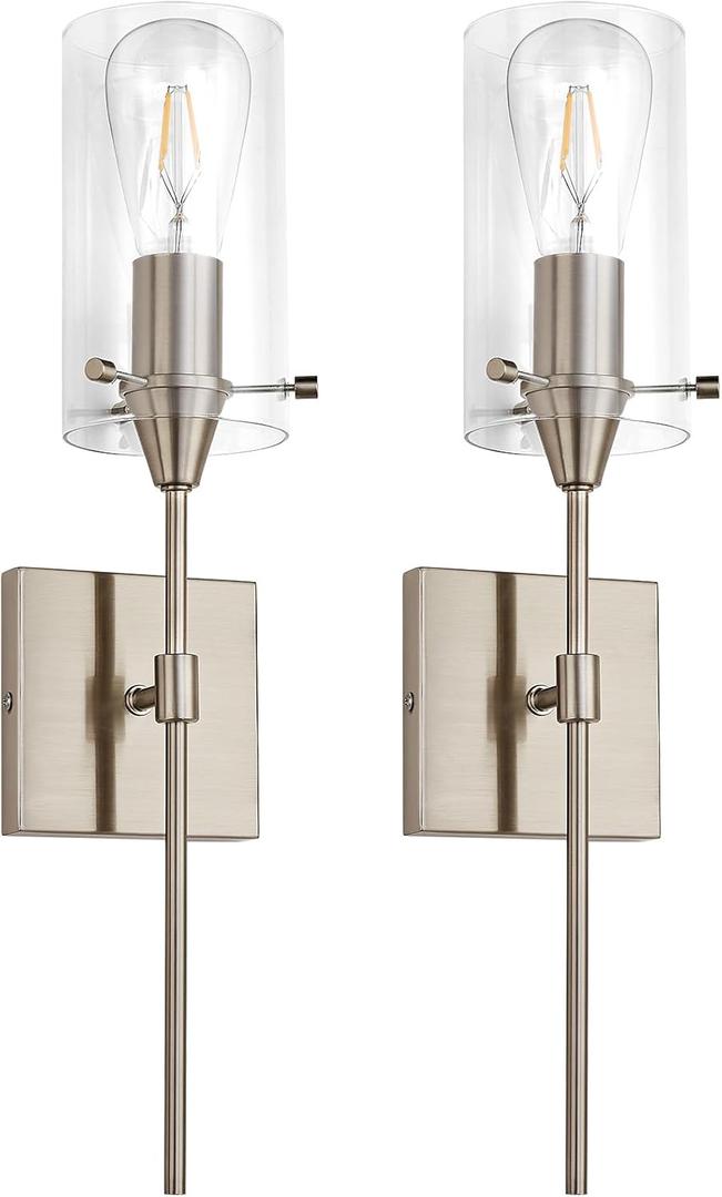 Brushed Nickel Wall Sconces Set of 2, Modern Wall Sconce Vanity Light Fixtures with Clear Glass, Hardwired Wall Mount Lights Bathroom Wall Sconces Lighting for Living Room Corridor Bedroom Mirror